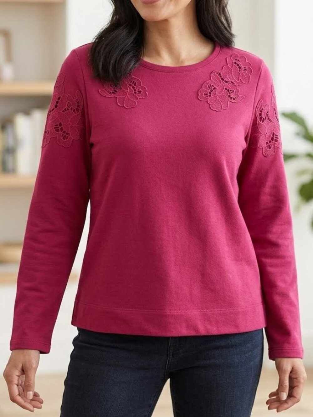 Dalia Women's Long Sleeve Cotton Pink Top Embroidery Floral Design Size M